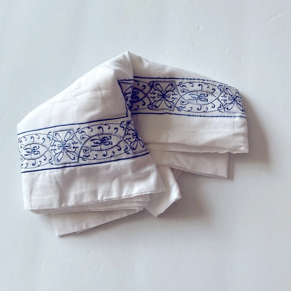 LAURA ASHLEY EUROPEAN PILLOW SHAM LINEN AND COTTON WHITE WITH BLUE EMBROIDERY